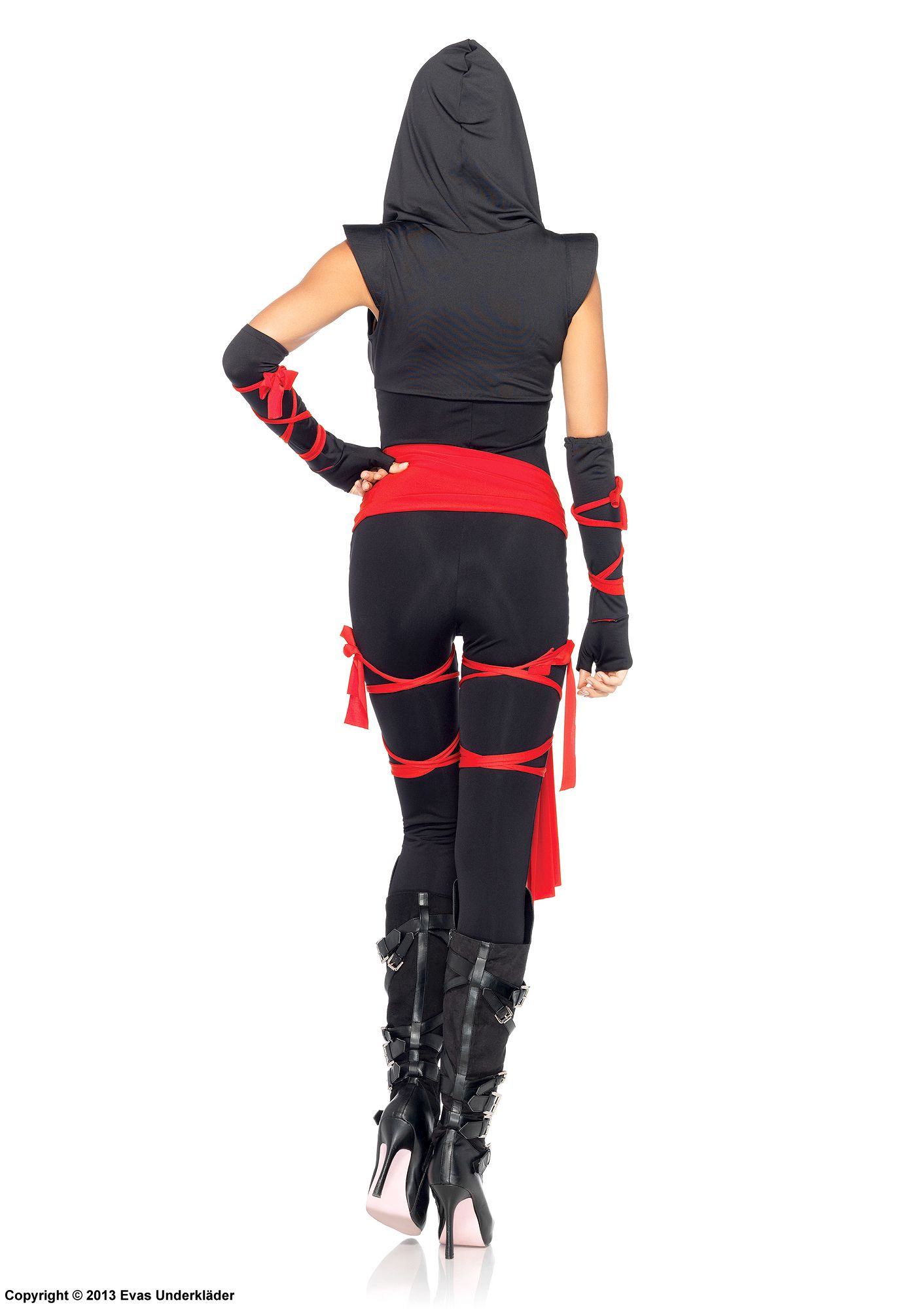 Female ninja (aka kunoichi), body costume, hood, sash
